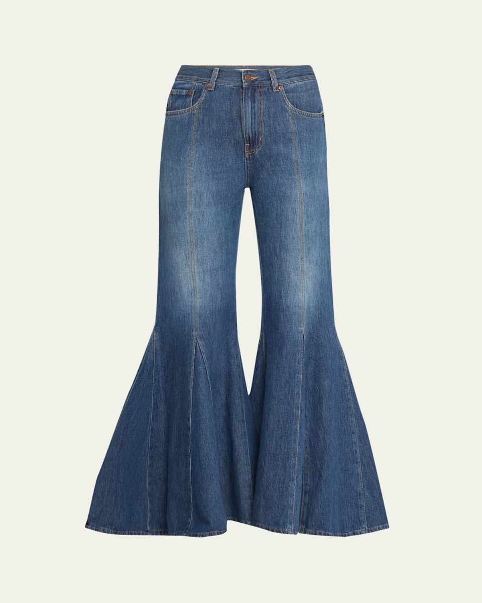 High-Rise Godet Flare Denim Trousers